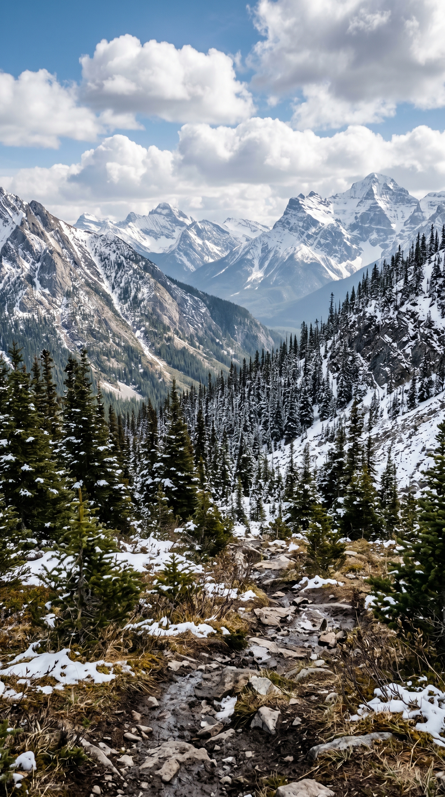 Banff conifer forest at ground level — the sub-alpine spruce belt where wolverines cache meat in deep snow.