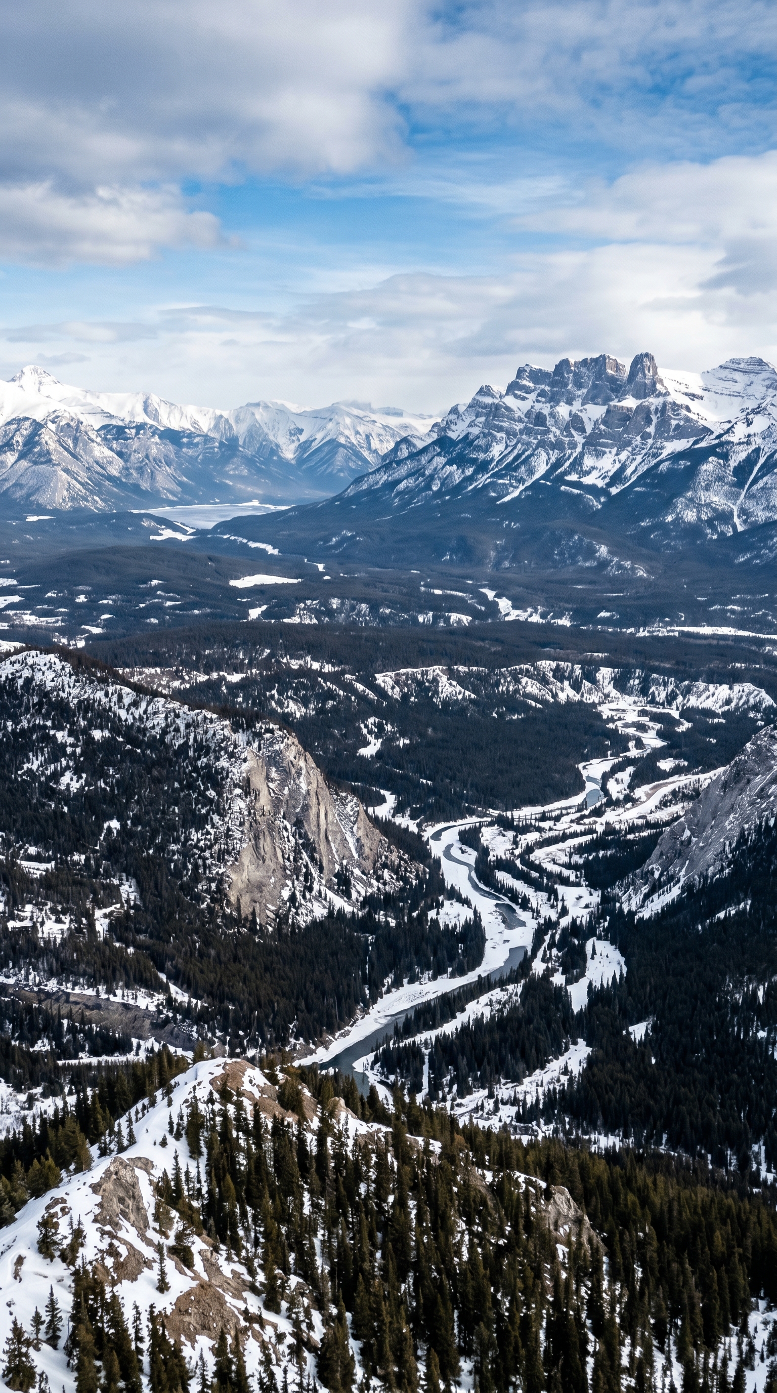 Banff National Park from above — Canada's first national park, 6,000 km² of Rocky Mountains.