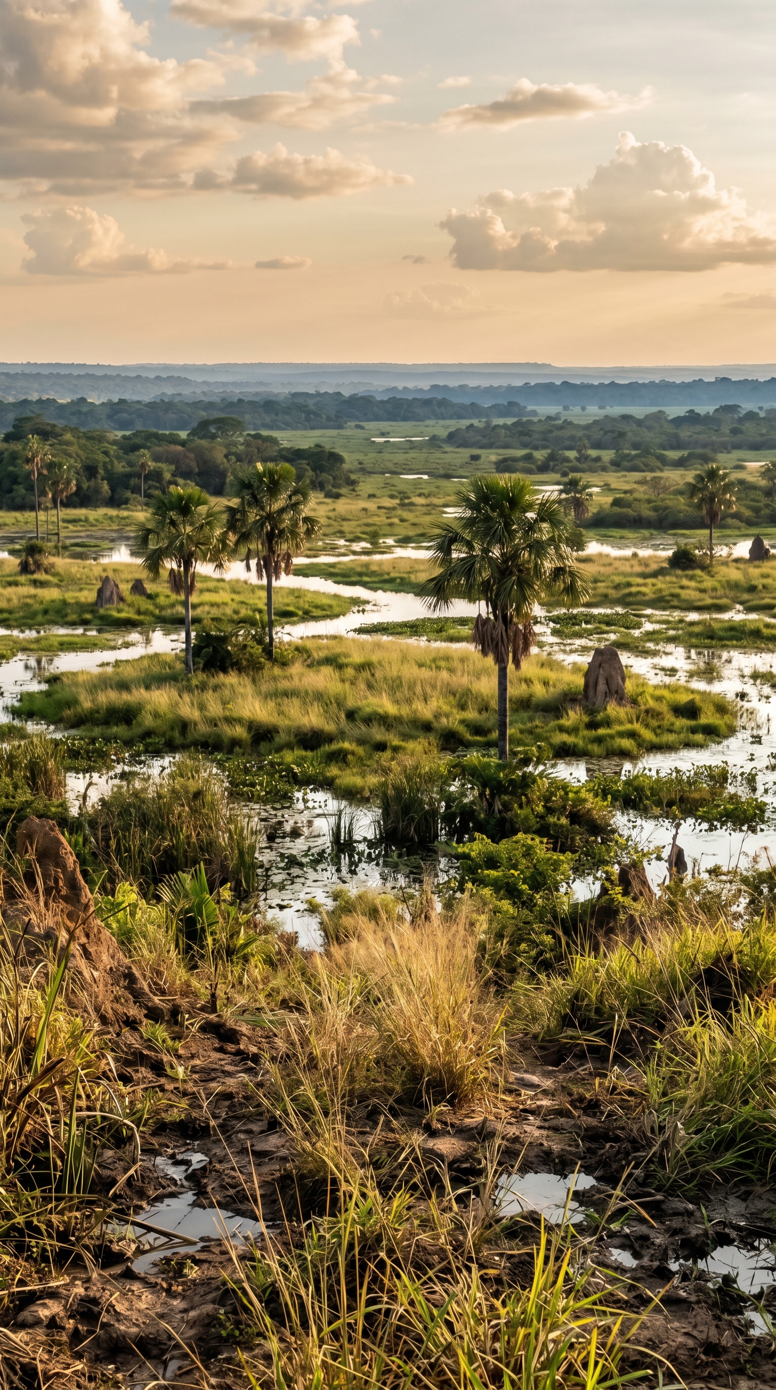 Pantanal grassland at ground level — termite-mound country where giant anteaters tear into colonies with 60 cm claws.