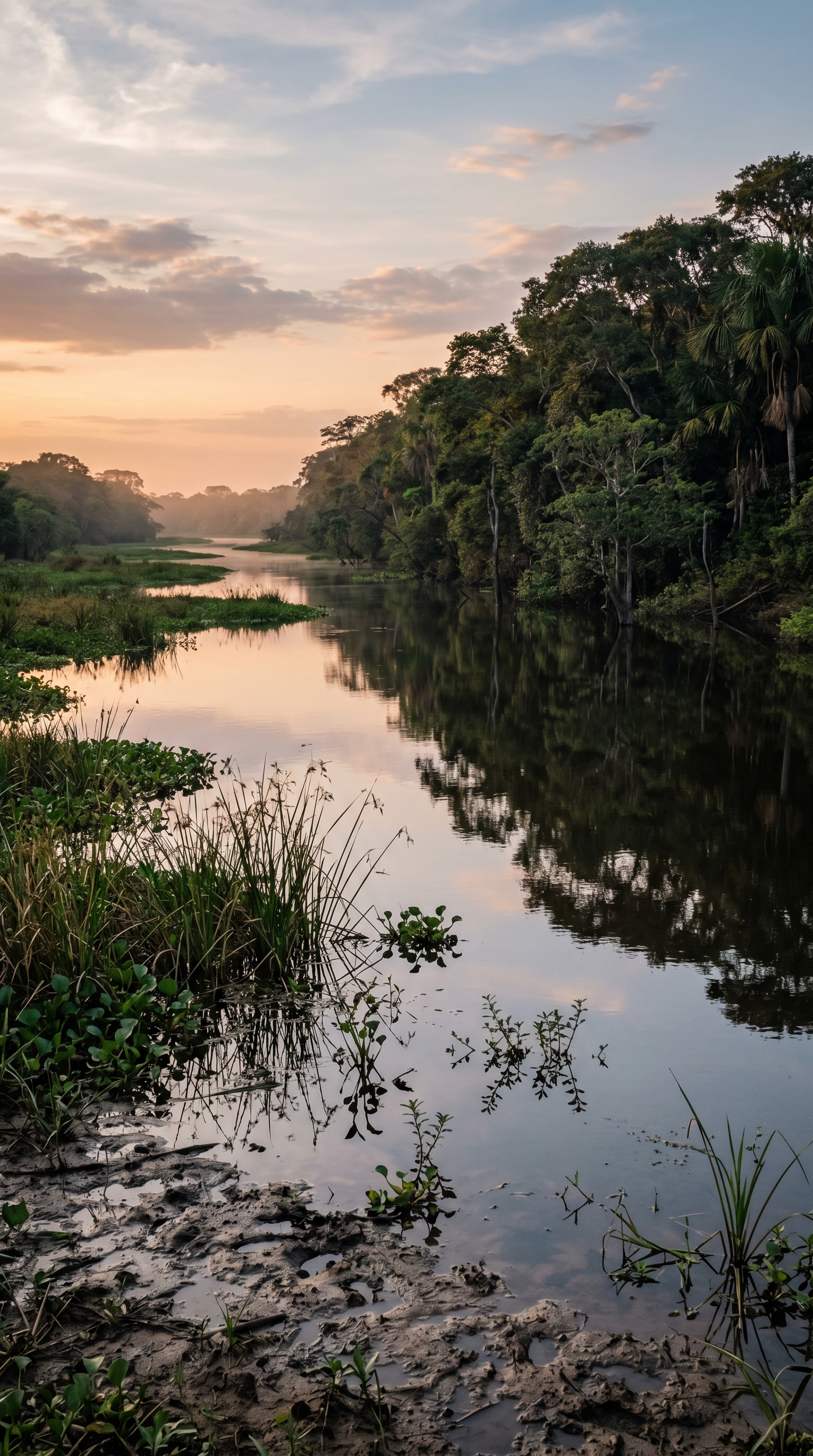 Pantanal floodplain at ground level — water-edge stalking ground where jaguars kill caiman with a single skull-piercing bite.