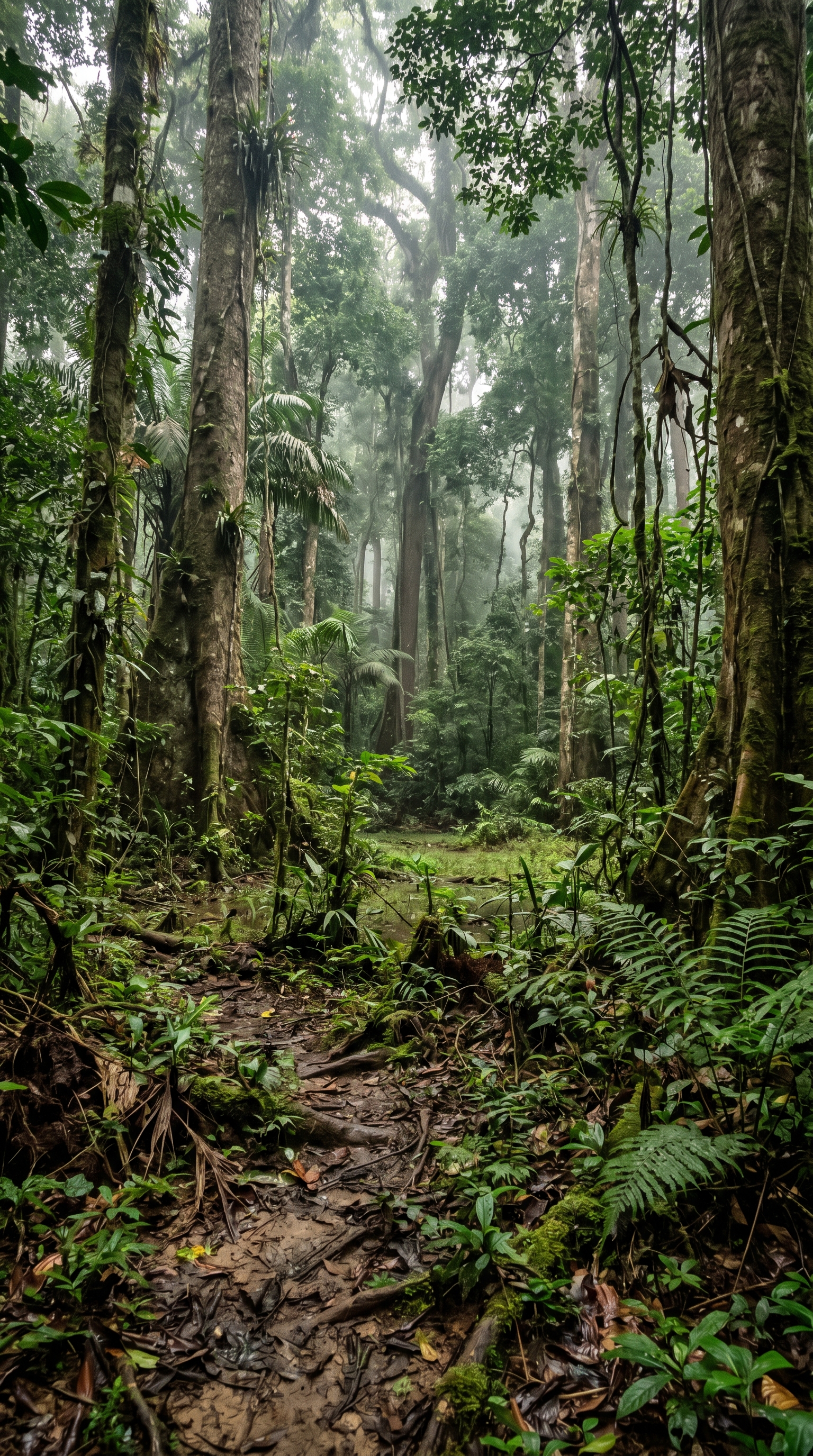 Nouabalé-Ndoki forest at ground level — Congo Basin lowland rainforest where gorilla family groups feed on leaves and pith.