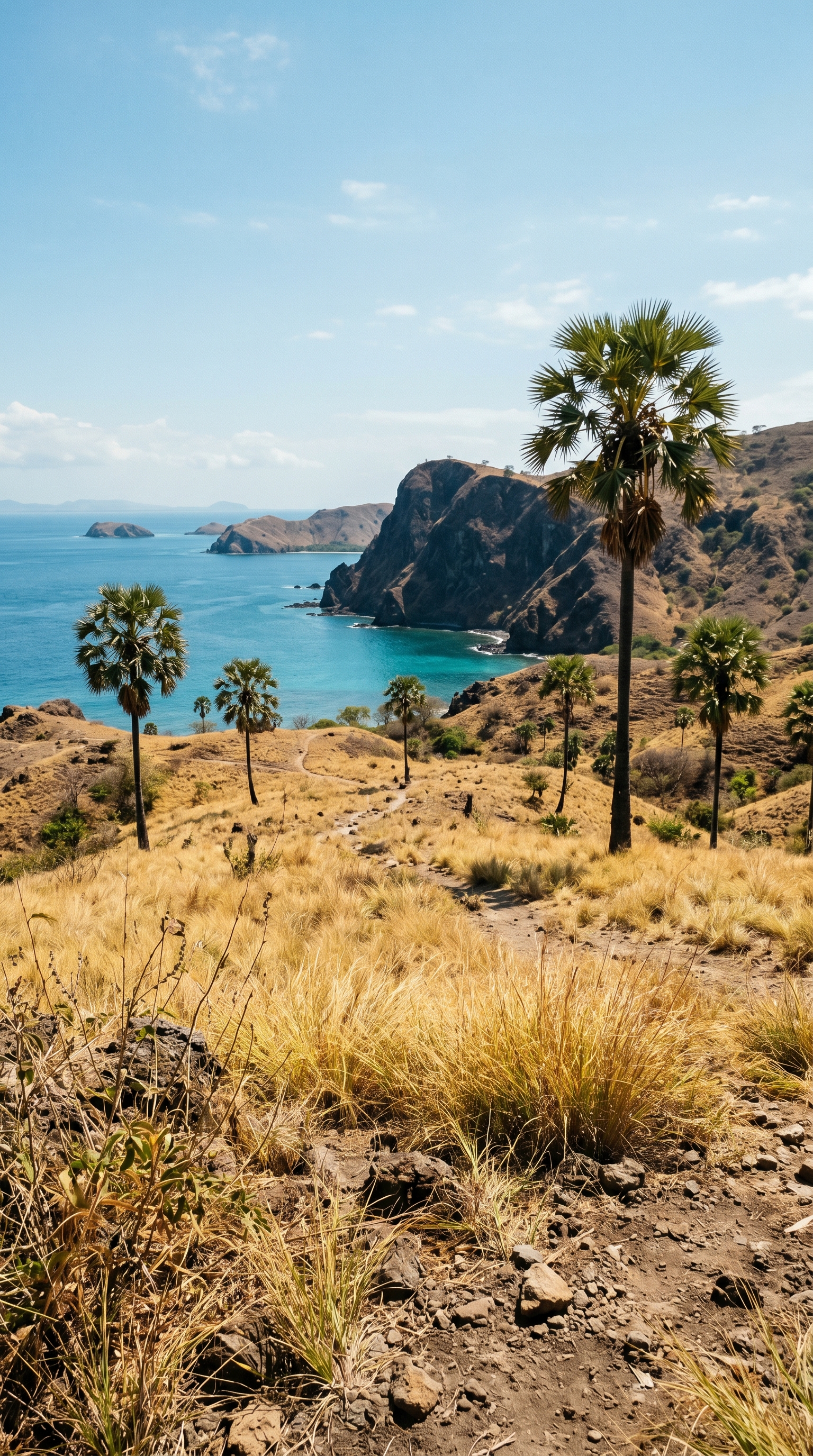 Komodo savanna at ground level — open lontar palm woodland where the world's largest lizards ambush deer and water buffalo.