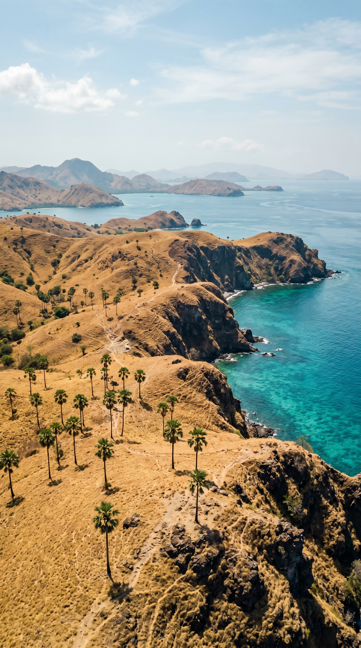 The Komodo islands from above — a chain of dry volcanic Indonesian islands wrapped in coral reef.