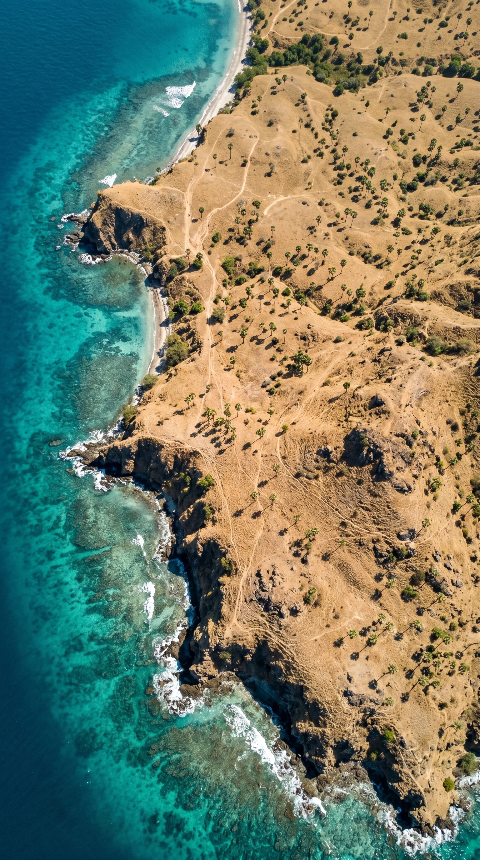 Komodo country from high overhead — the Lesser Sundas, Indonesia's drier eastern arc.