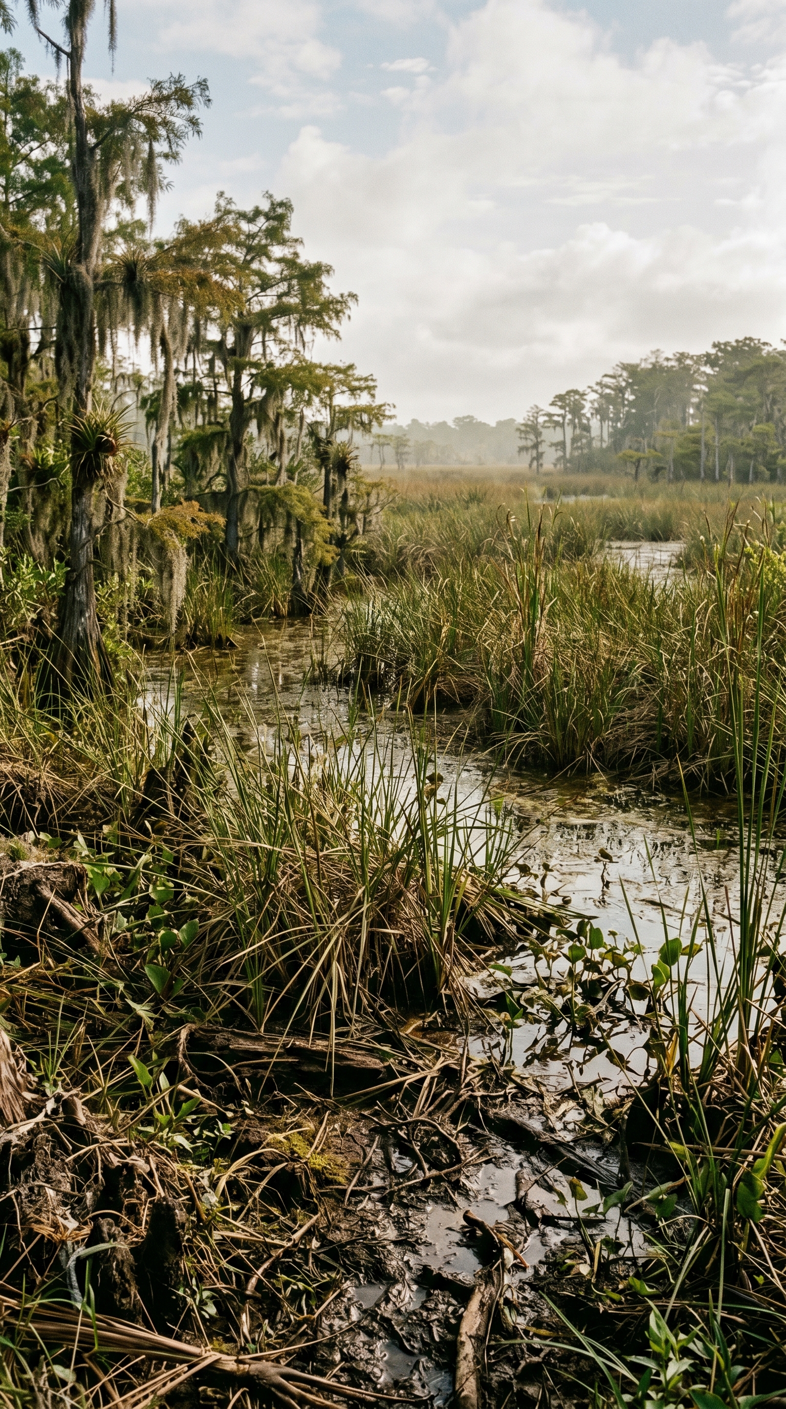 Cypress slough at ground level — the still water and dappled shade where invasive pythons coil for days at a time.