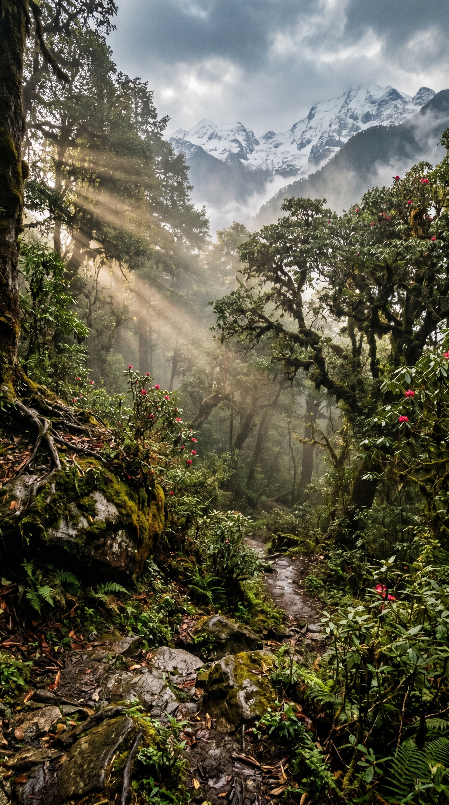 Bhutanese mid-altitude forest at ground level — oak and rhododendron mast where moon bears feed in autumn.