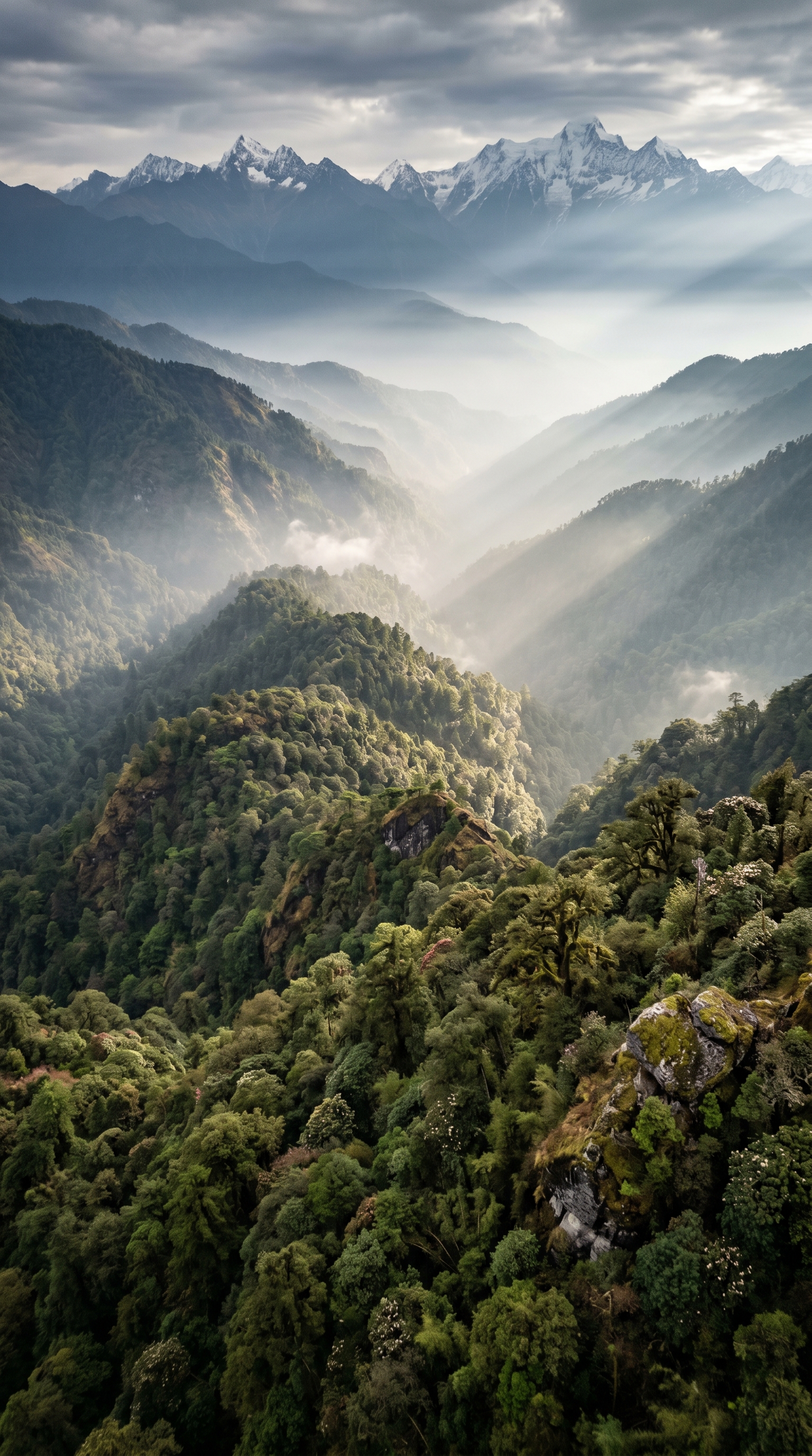 Jigme Dorji's wooded ridges from above — a mosaic of forest and alpine pasture across Bhutan's central highlands.