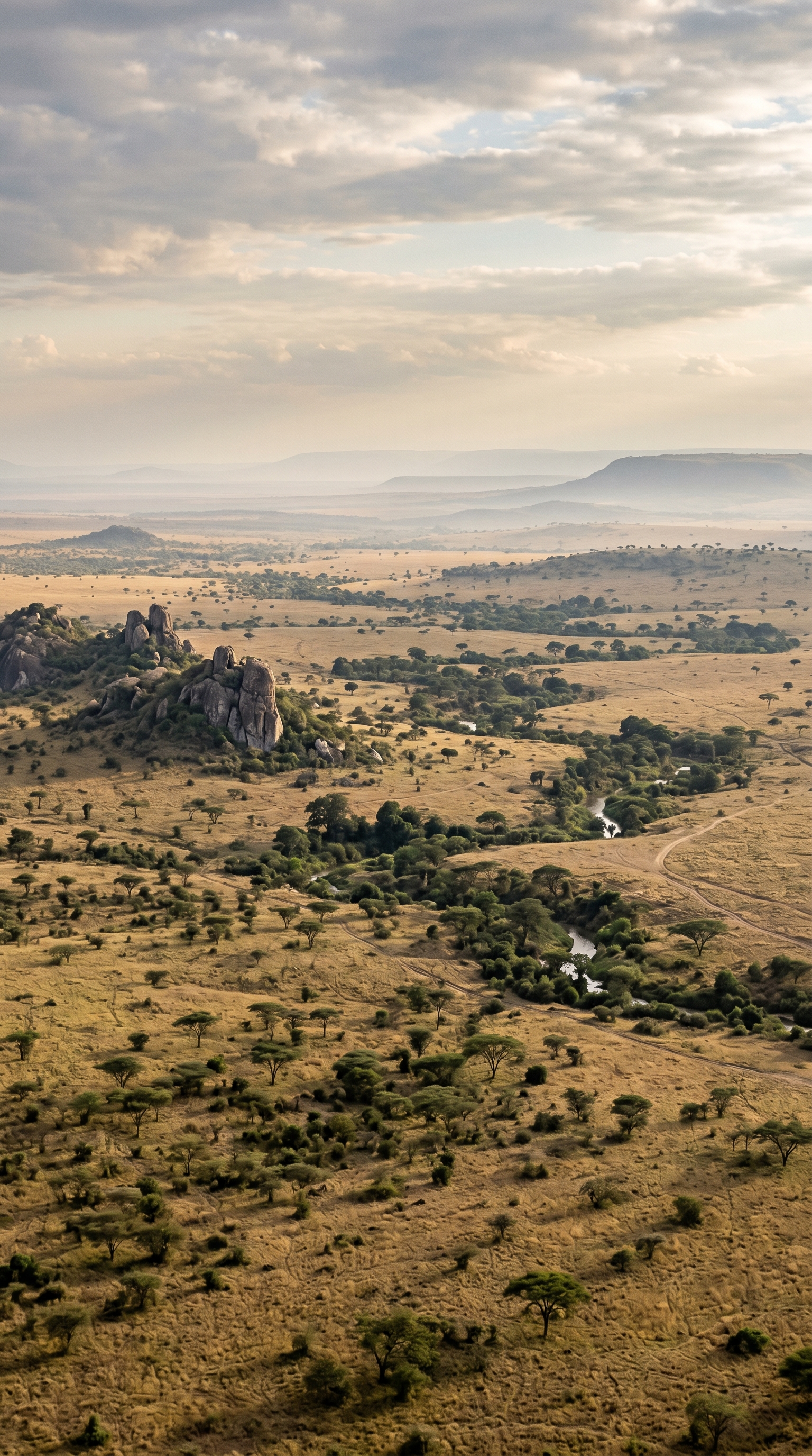 Serengeti National Park, Tanzania seen from above — Panthera leo is listed as Vulnerable on the IUCN Red List with a decreasing population trend.