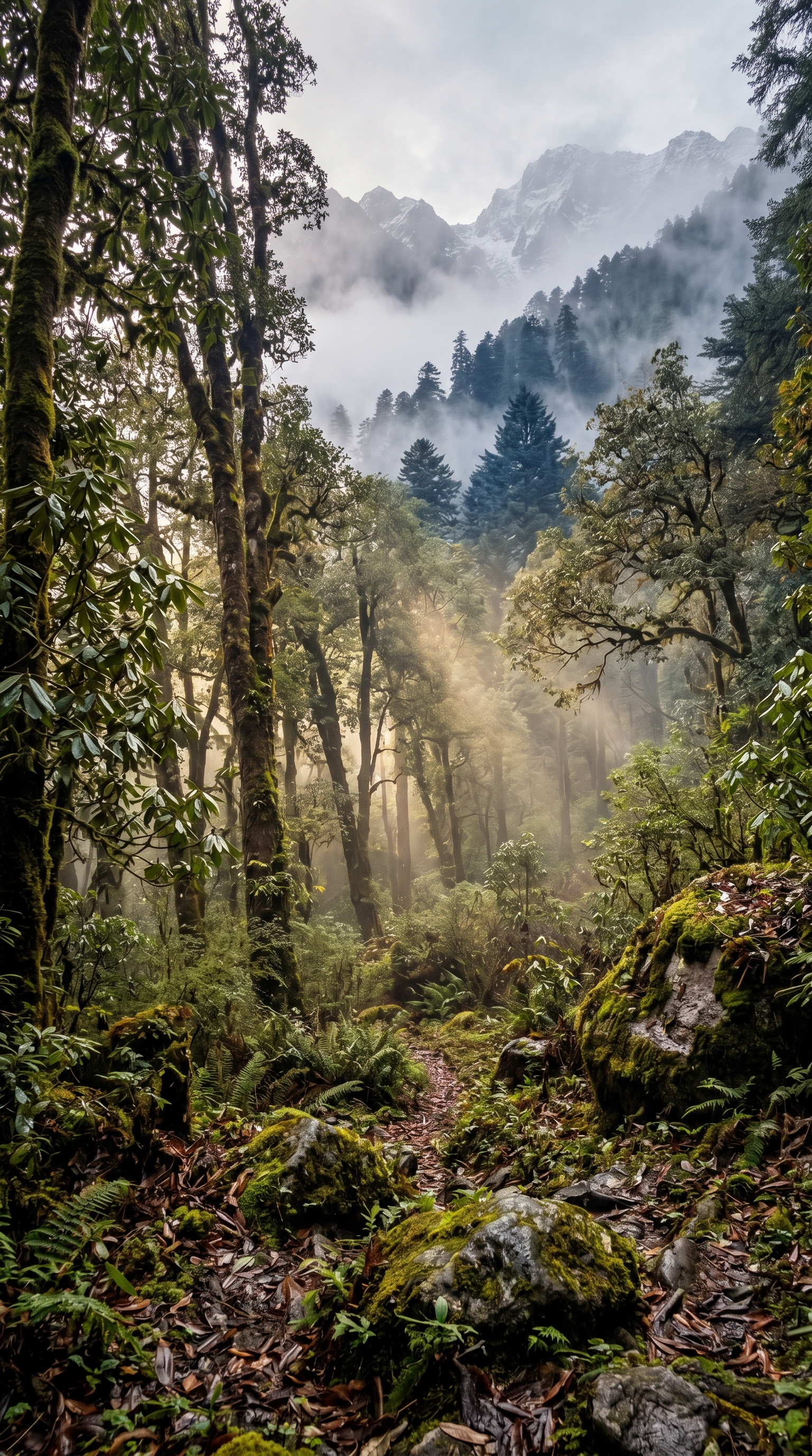 Bhutanese alpine forest at ground level — bamboo and rhododendron understory where the world's highest-living tigers patrol.