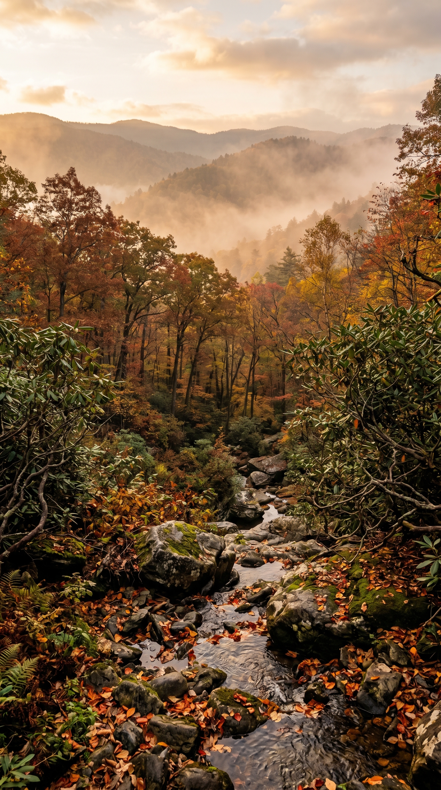 Great Smokies forest at ground level — Appalachian hardwood understory thick with mast, berries and den trees.